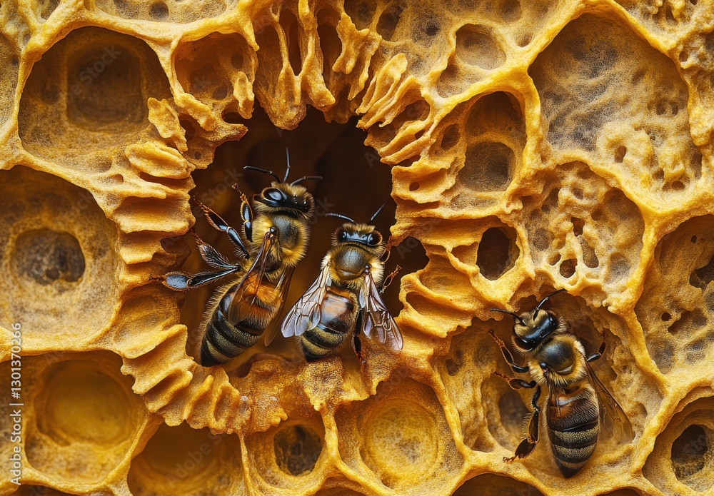 Poster close-up view of bees inside honeycomb structure with intricate hexagonal patterns and rich golden c