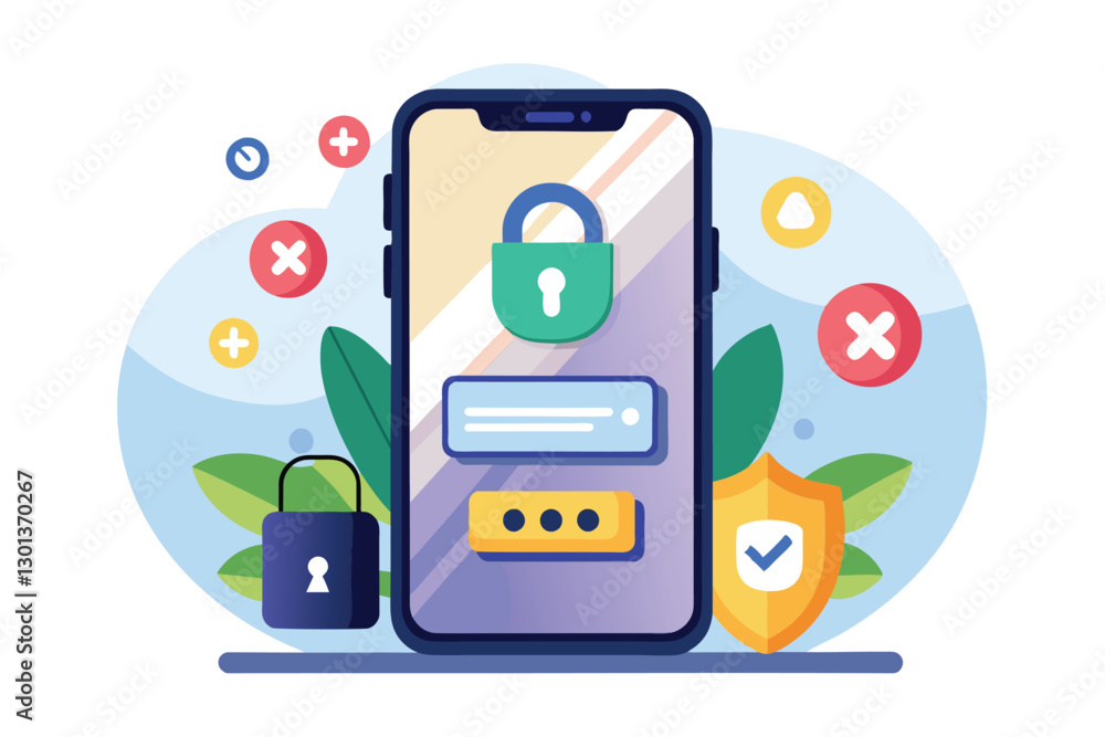 Poster a mobile phone features smart password security elements along with icons emphasizing protection and