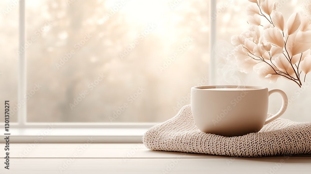 Poster serene cup of hot beverage with flower arrangement in soft lighting beside a window : generative ai