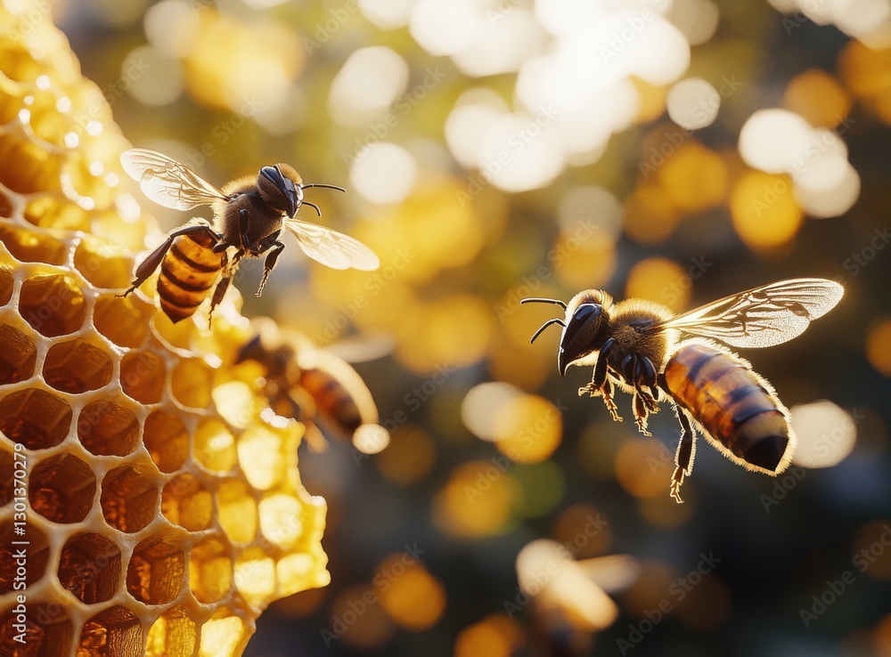 Poster close-up view of bees hovering around honeycomb structure under natural light with soft blurred back