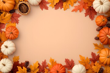 Autumn Fall Background with Pumpkins and Colorful Leaves Frame