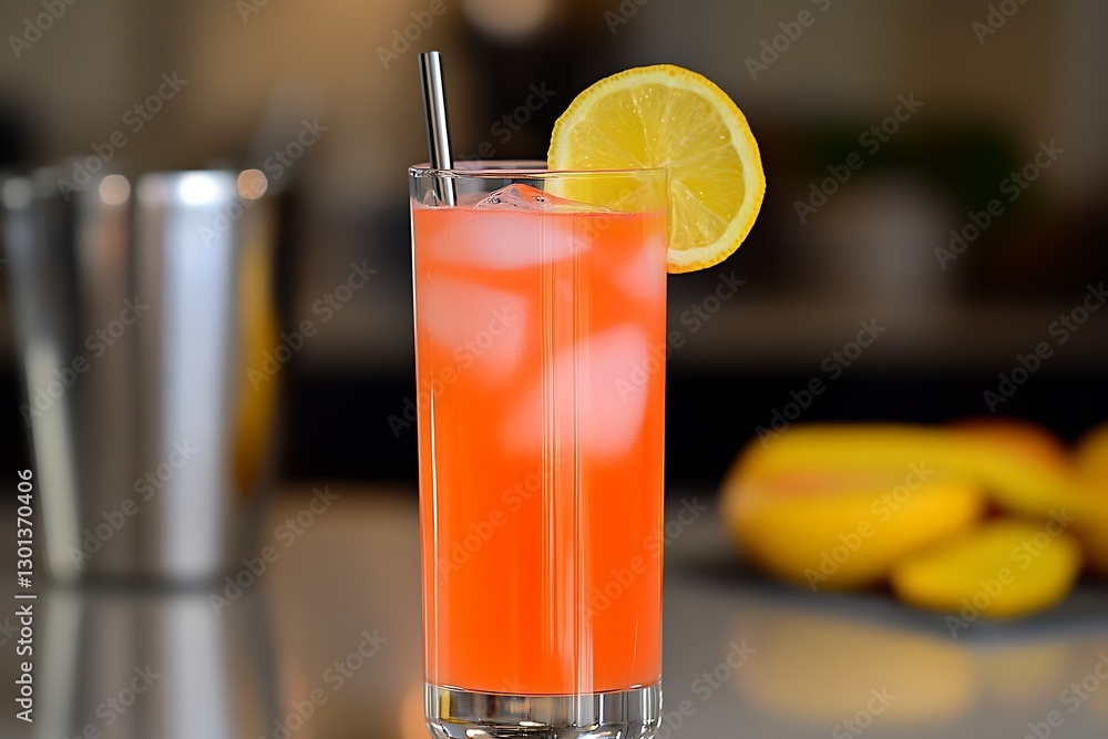 Poster chilled pink lemonade served in tall glass with a lemon slice and metal straw for summer enjoyment :