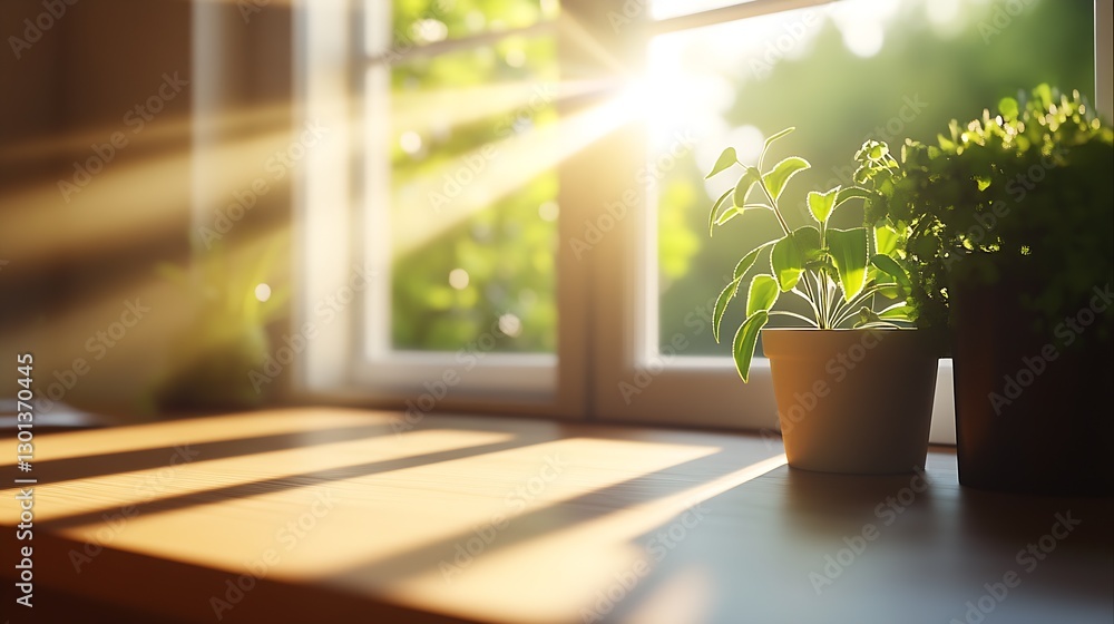 Aufkleber sunlight filtering through a window highlighting indoor plants on a warm wooden table : generative a
