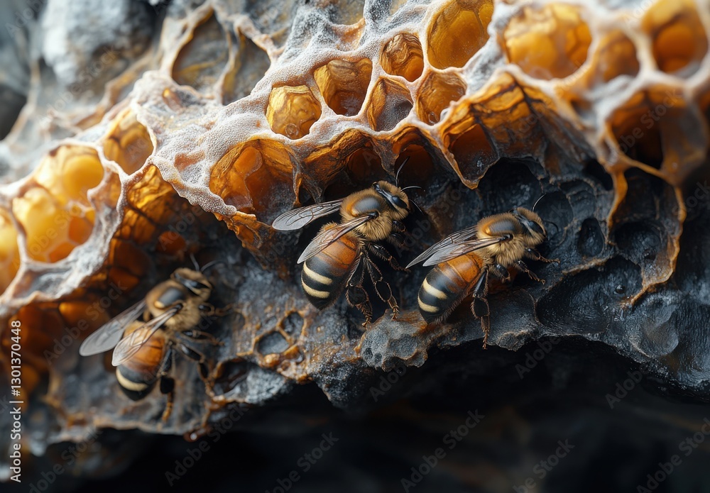 Poster close-up view of bees on honeycomb nest with intricate patterns and natural honey production in a na
