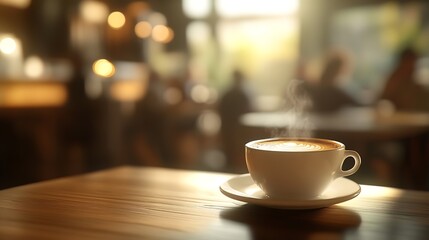 Fototapeta premium Steaming coffee cup with latte art on a rustic surface in a warm and inviting cafe setting : Generative AI