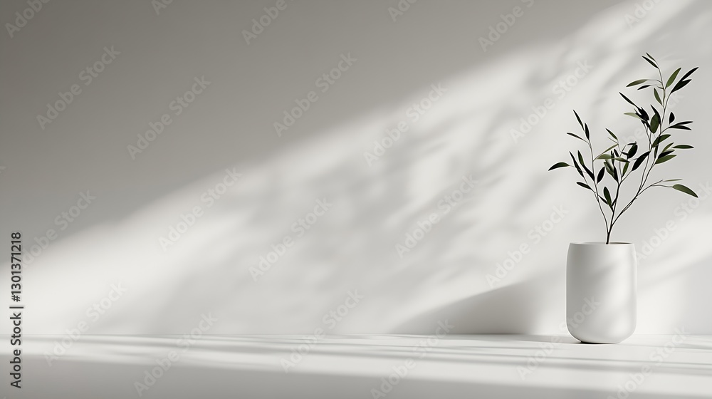 Poster minimalist decor with an elegant olive branch in a white vase against a soft light backdrop : genera