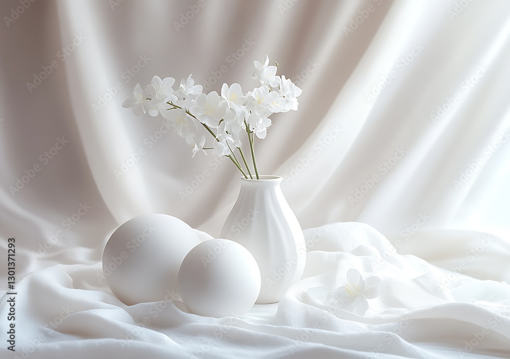 Leinwandbilder minimalist display of white pottery and delicate flowers on plush fabric backdrop : generative ai
