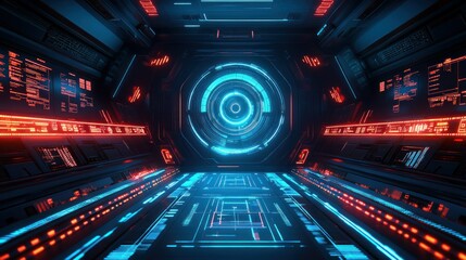 Obraz premium A futuristic spaceship interior with glowing blue and red lights
