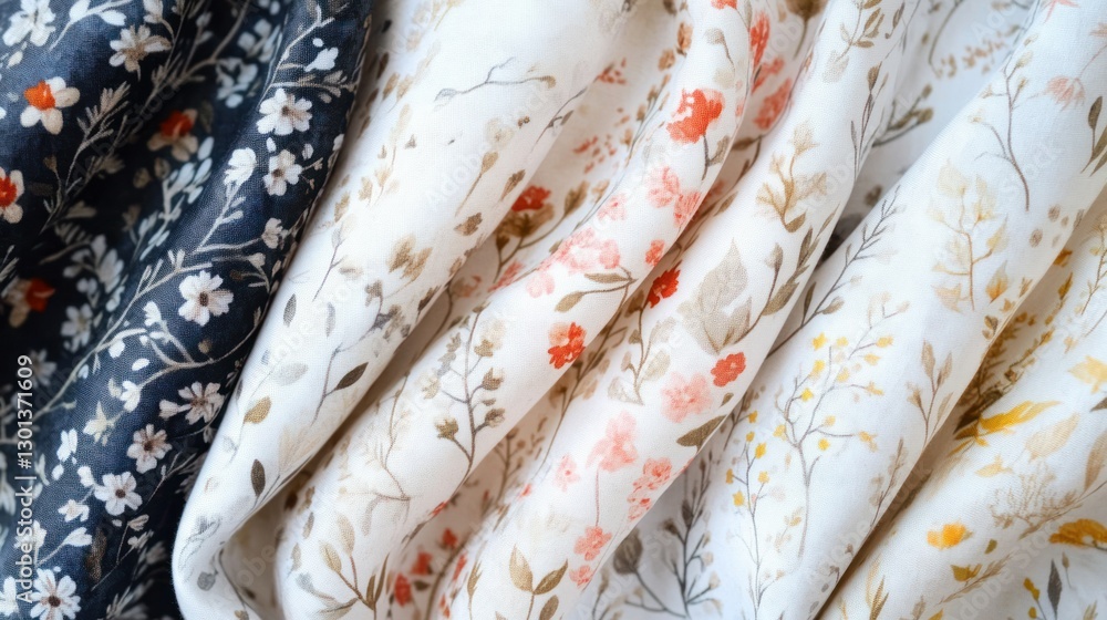 Poster fabrics exhibit various floral prints and patterns with different colors