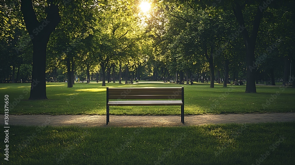 Poster serene park scene with a wooden bench surrounded by lush greenery and sunlight filtering through tre