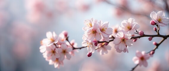 Obraz premium Soft-focus cherry blossom branch with pale pink and muted lavender petals bathed in gentle daylight. Shallow depth of field highlights delicate textures, while a dreamy bokeh background enhances