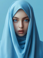 Naklejka premium Beautiful hijabi girl wearing a blue-colored studio background with a light blue veil, highly detailed,