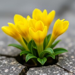 Obraz premium Bright Yellow Flowers Growing Through Cracks in Stone
