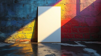 Empty white vertical rectangle poster or business card mockups with a diagonal rainbow shadow on a black concrete background, shown in a flat lay top view.