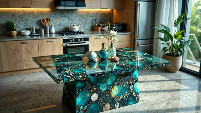Epoxy Resin Kitchen Table. Beautiful Modern Design with Different Patterns in Green