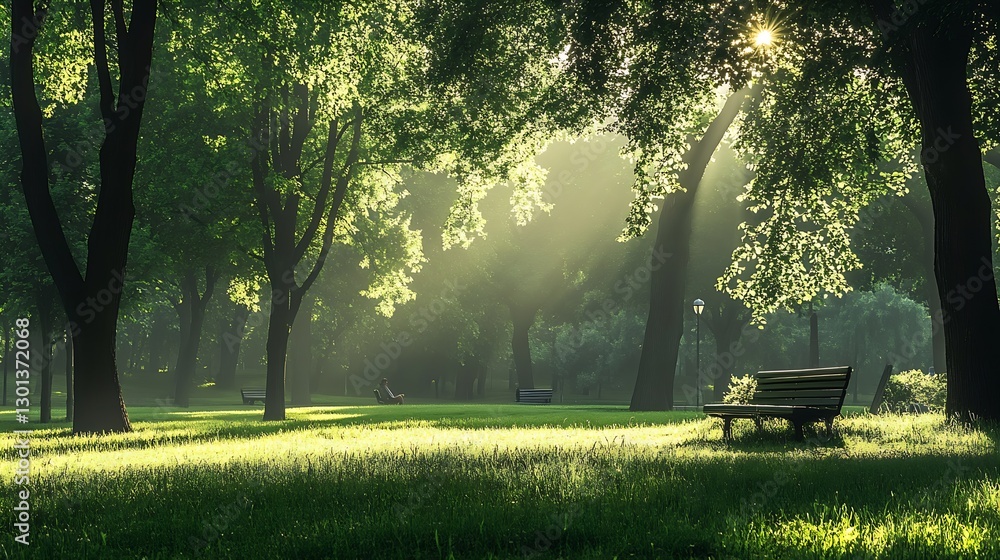 Poster sunlight filtering through green trees in a lush city park with bright grass and a peaceful atmosphe