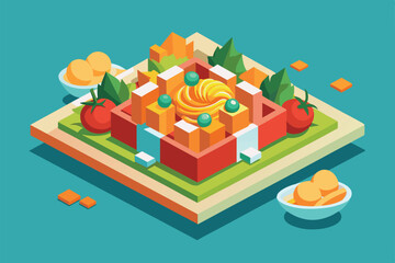 Fototapeta premium This illustration features a vibrant, customizable pasta dish arranged with fresh vegetables and toppings, Pasta Customizable Isometric Illustration