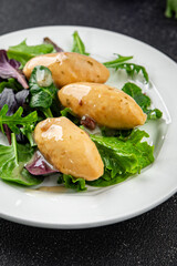 Quenelle meat sauce fresh tasty food dish delicious gourmet food background on the table rustic food top view copy space keto and paleo diet