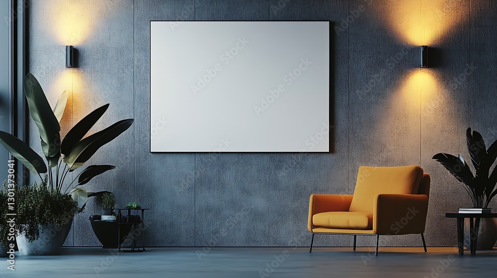Poster modern living room interior with empty picture frame soft lighting charming design atmosphere : gene