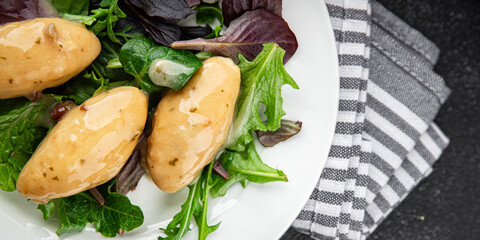 Quenelle meat sauce fresh tasty food dish delicious gourmet food background on the table rustic food top view copy space keto and paleo diet