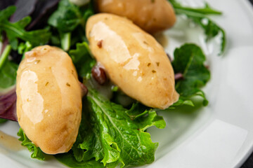 Quenelle meat sauce fresh tasty food dish delicious gourmet food background on the table rustic food top view copy space keto and paleo diet