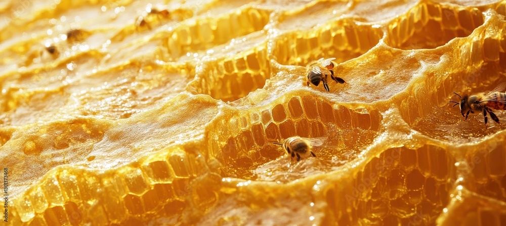 Poster close-up view of bees working on honeycomb, showcasing the golden honey and intricate hexagonal cell