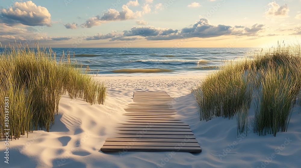 Aufkleber serene pathway through golden sands leading to a tranquil ocean beach at sunset : generative ai