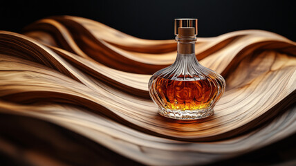 A bottle of perfume is on a wooden surface