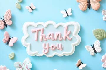 Sweet thank you cookie arrangement with pastel butterflies on blue background
