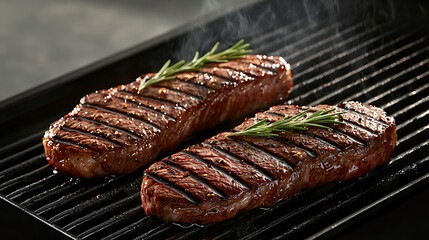 Two pieces of steak are on a grill. generated using AI
