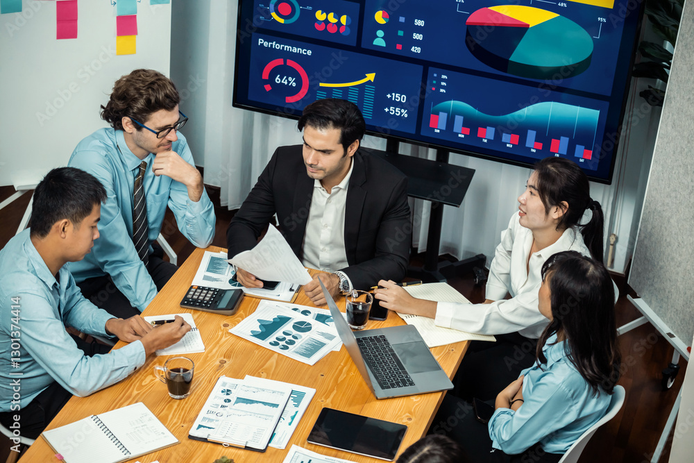 Poster wide top view of diverse group of business analyst team analyzing financial data report paper on mee
