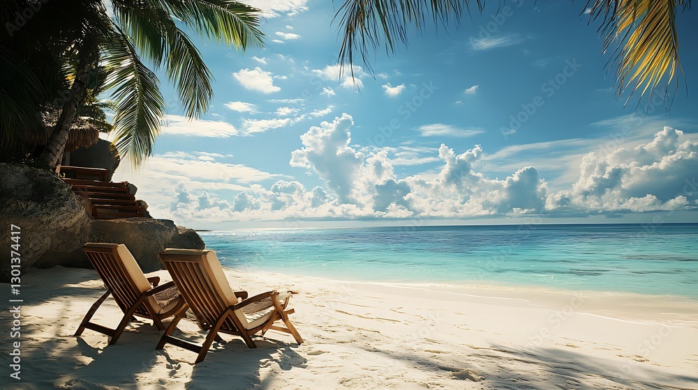 Poster Tropical beach setting with palm trees and two lounge chairs overlooking a serene ocean view : Generative AI