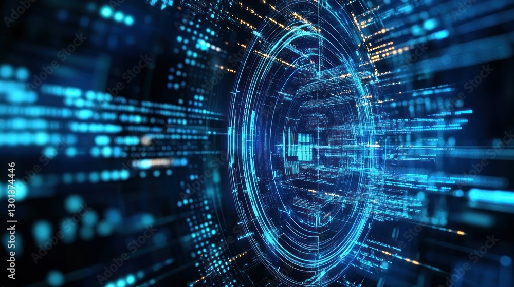 Poster abstract depiction of digital circles and flowing data streams