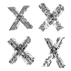 Set of crossed out grunge X signs drawn with black strokes in the shape of the letter X, textured with car tire tread prints, vector isolated on a white background