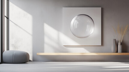 Mesmerizing floating glass sphere gracefully resting on a light gray canvas, evoking modern artistic innovation