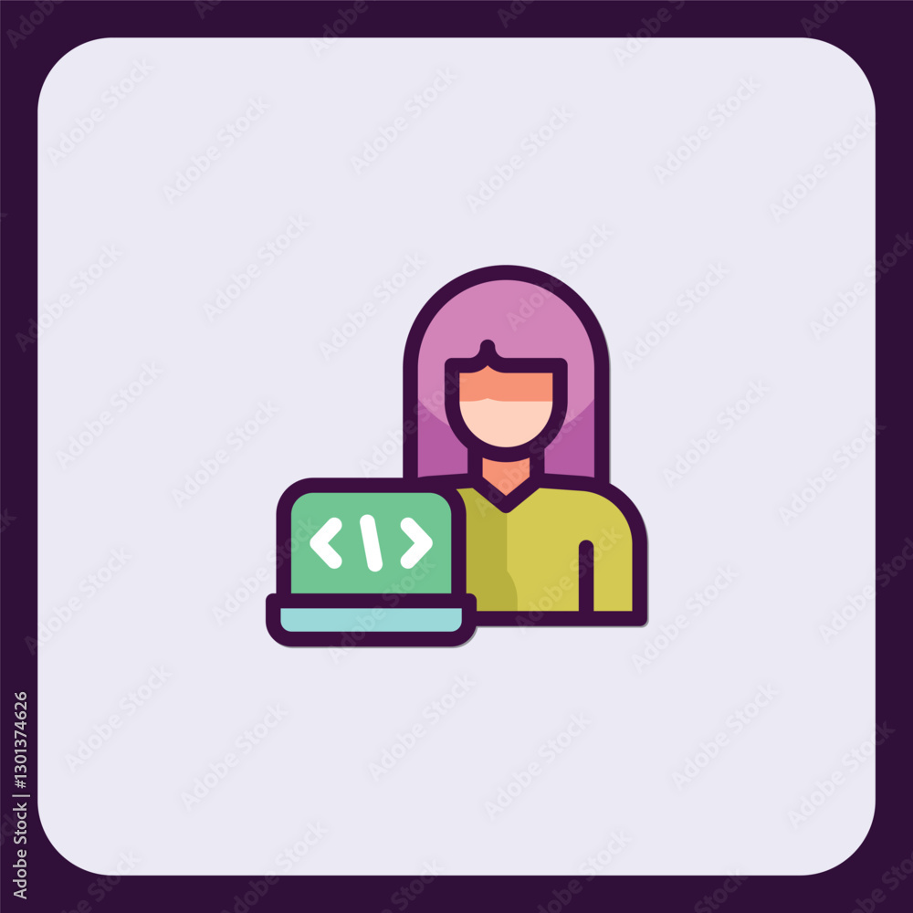 Poster female programmer icon: coding, software development, web design, technology, digital, innovation, c