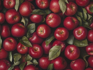 Organic Apple Harvest in an Orchard – A rich assortment of freshly picked apples, still attached to their leafy stems, capturing the essence of a seasonal apple orchard.

