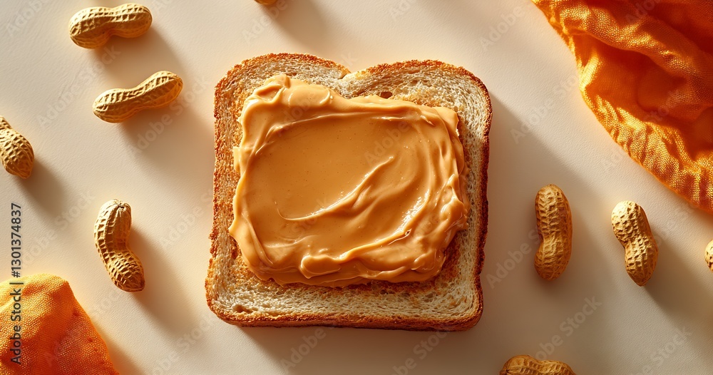 Poster delicious peanut butter spread generously on a slice of toasted bread with peanuts : generative ai