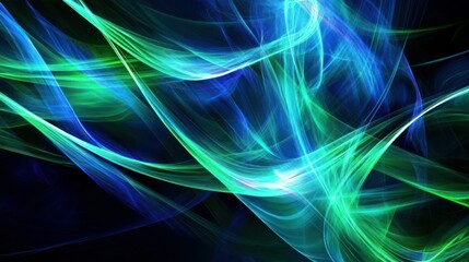 Abstract digital art featuring flowing ribbons of green and blue colors