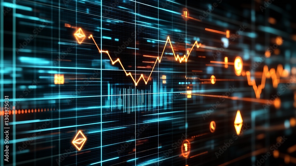Aufkleber Abstract digital stock market data visualization with glowing graphs and cryptocurrency symbols on a dark background : Generative AI