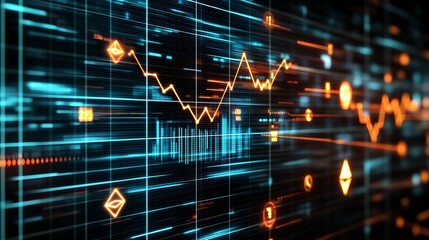 Abstract digital stock market data visualization with glowing graphs and cryptocurrency symbols on a dark background : Generative AI