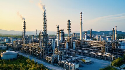 Obraz premium Industrial oil refinery with tall chimneys and metal structures emitting smoke under a clear sky surrounded by greenery