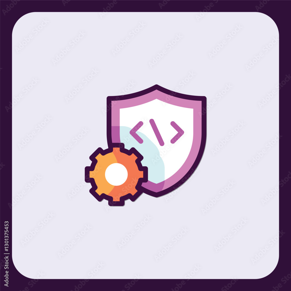 Poster secure code development: gear and shield icon for software protection
