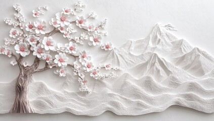 Obraz premium Cherry blossom trees with layered mountains and flowing textures in soft pastel tones. Marble Mural Wallpaper AI generated image