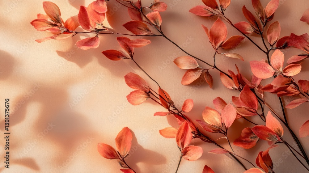 Poster branches of leaves with soft shadows on a light peach background