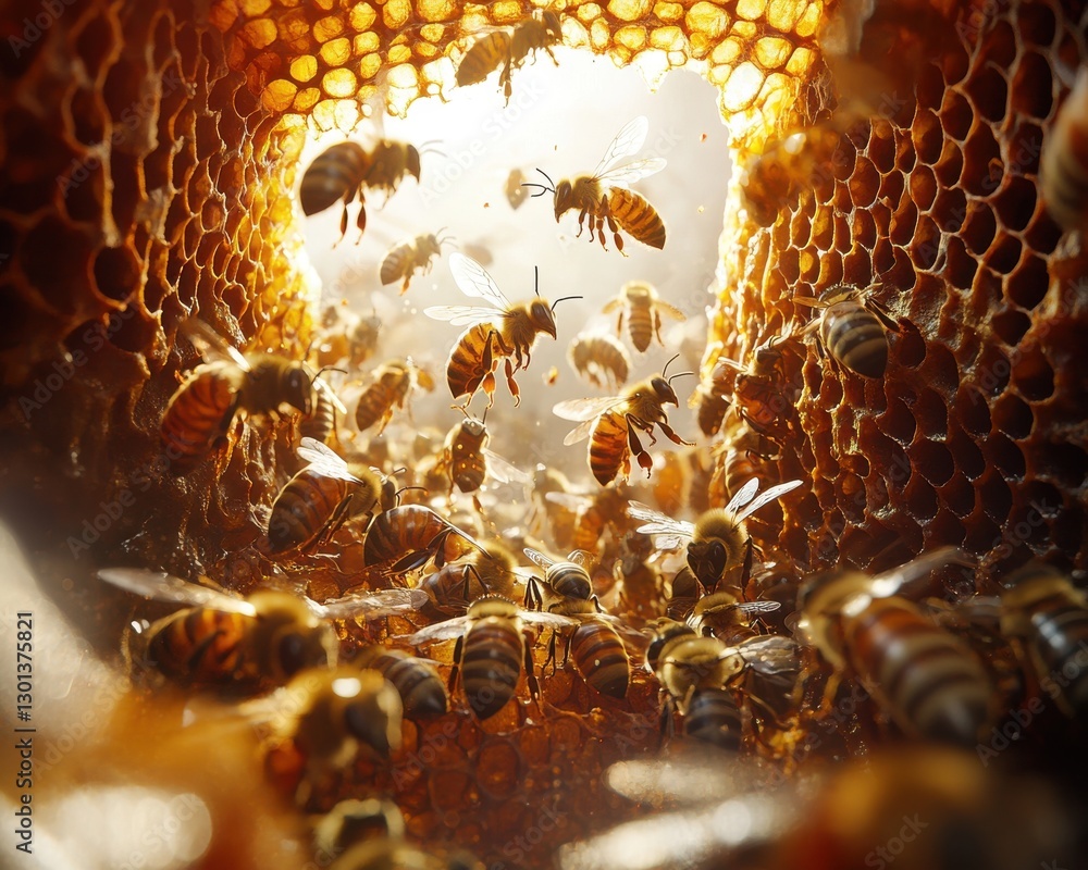 Poster close-up view of busy honey bees in hive with honeycomb structure and warm light creating a beautifu