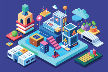 A vibrant isometric illustration displays a customizable urban landscape filled with diverse buildings and features, Pay attention Customizable Isometric Illustration