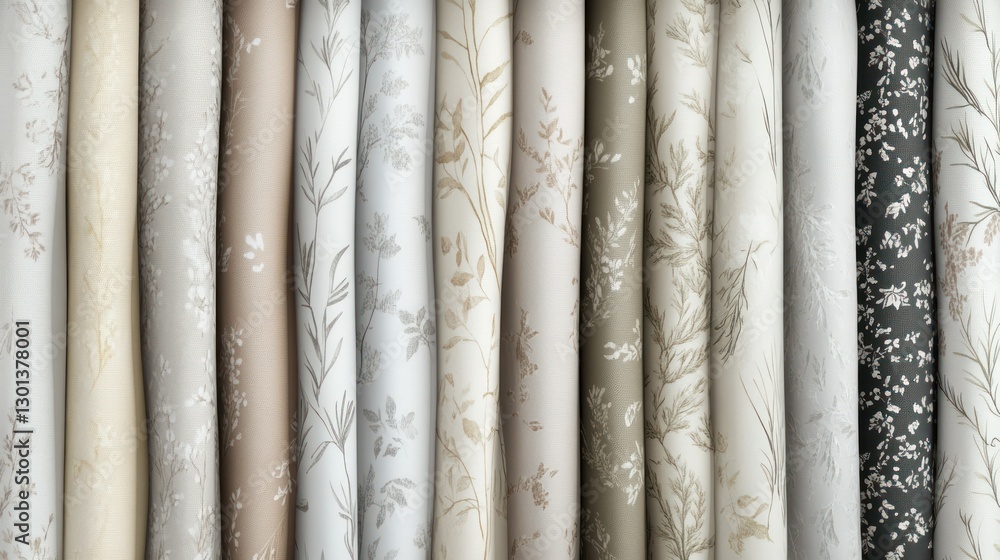 Poster several rolls of patterned wallpaper arranged in a row