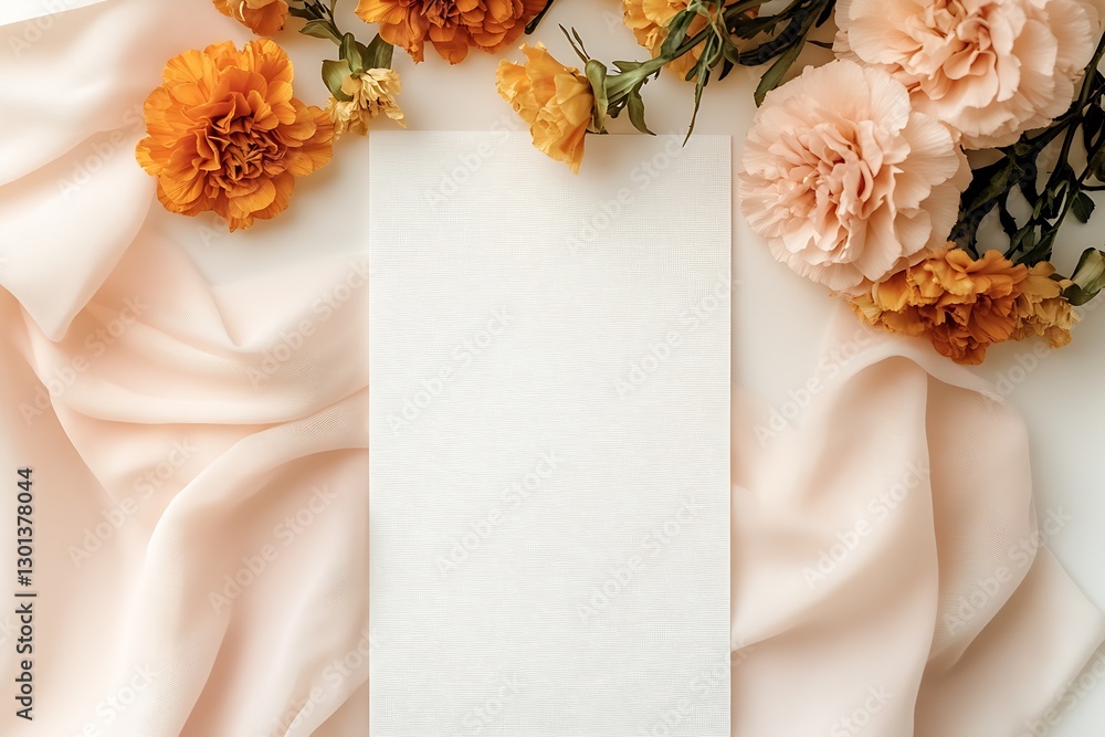 Poster beautiful arrangement of vibrant flowers and blank card set on soft fabric background : generative a