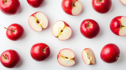 A row of apples with one of them cut in half